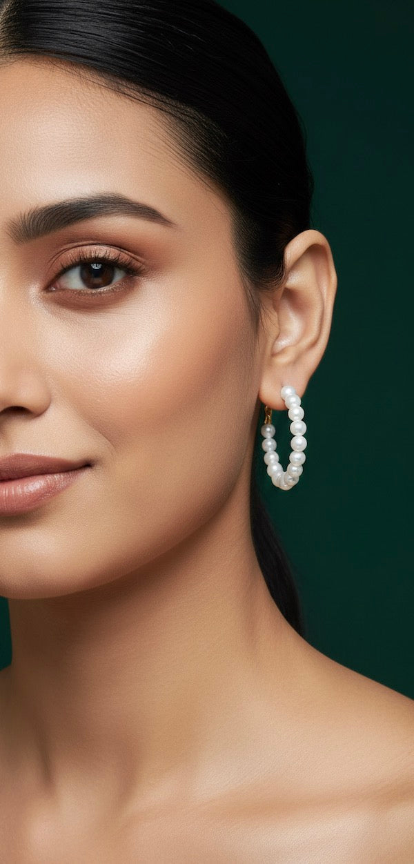 Fancy Artificial White Beaded Hoops