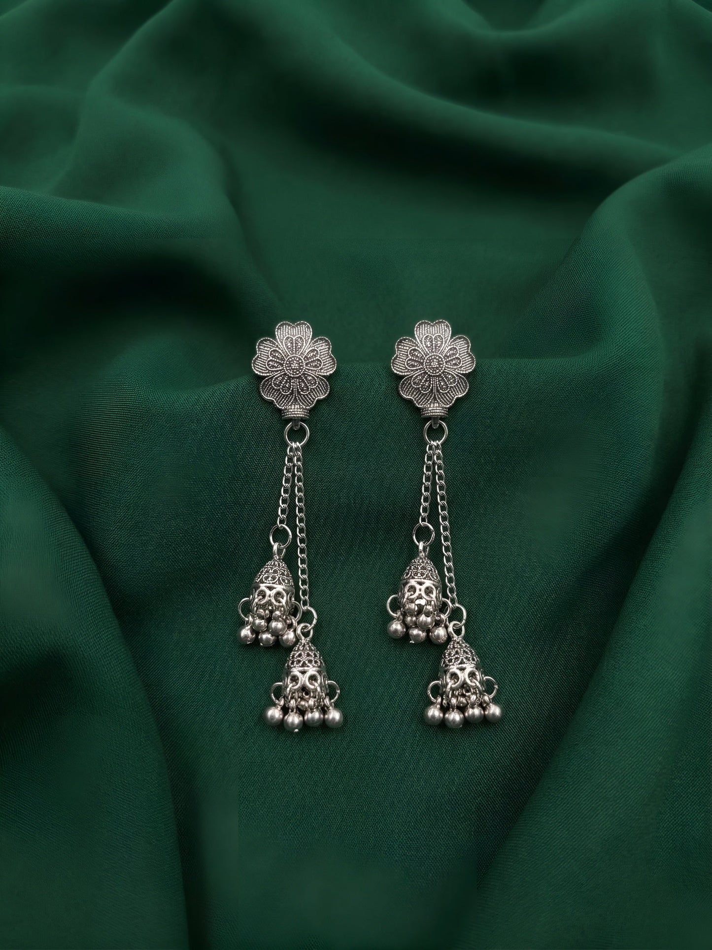 Silver Plated Oxidized Tassels Jhumki Earrings