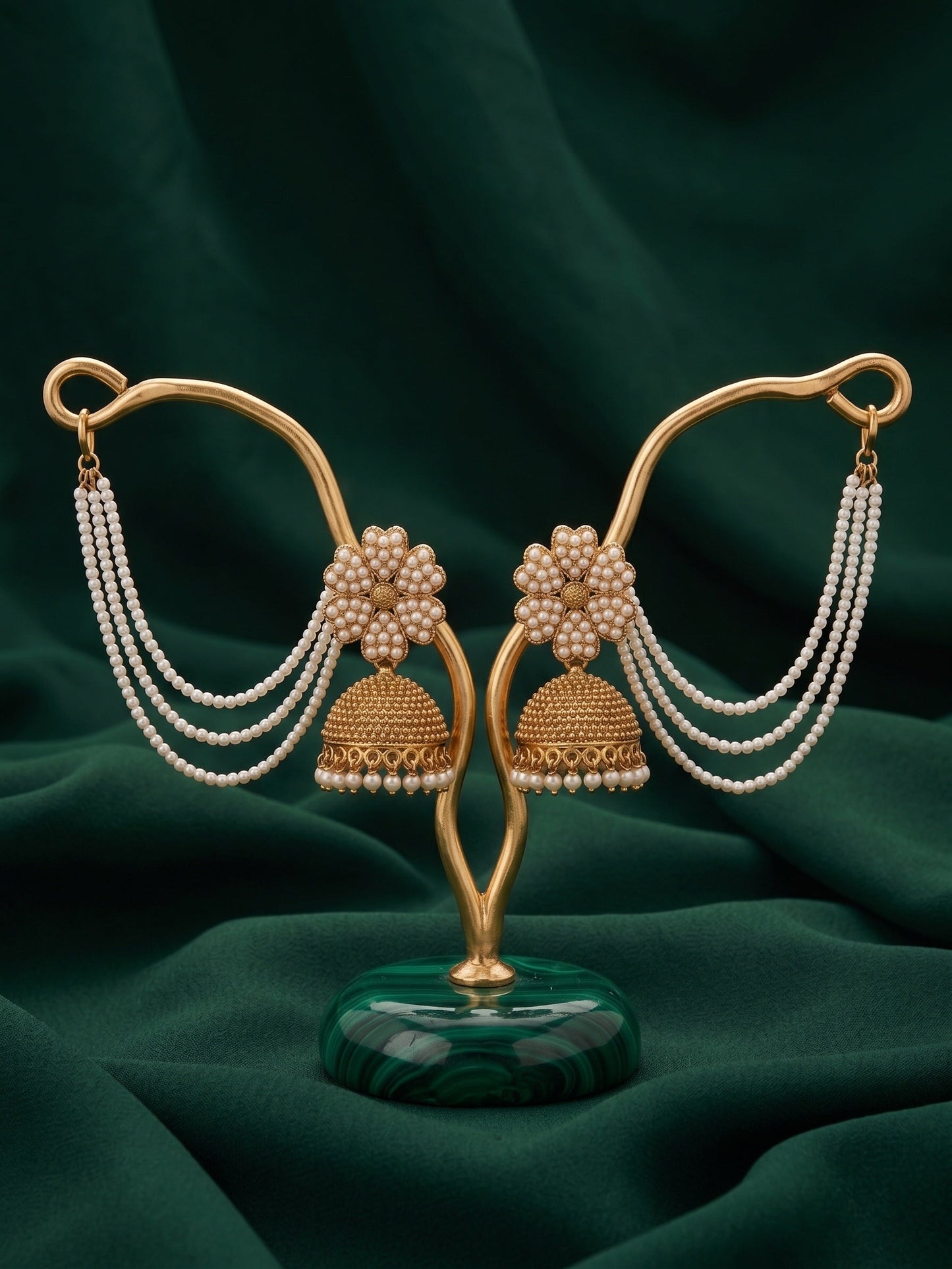 Gold Plated Dome Shaped Jhumkas With Pearls Layered Chain