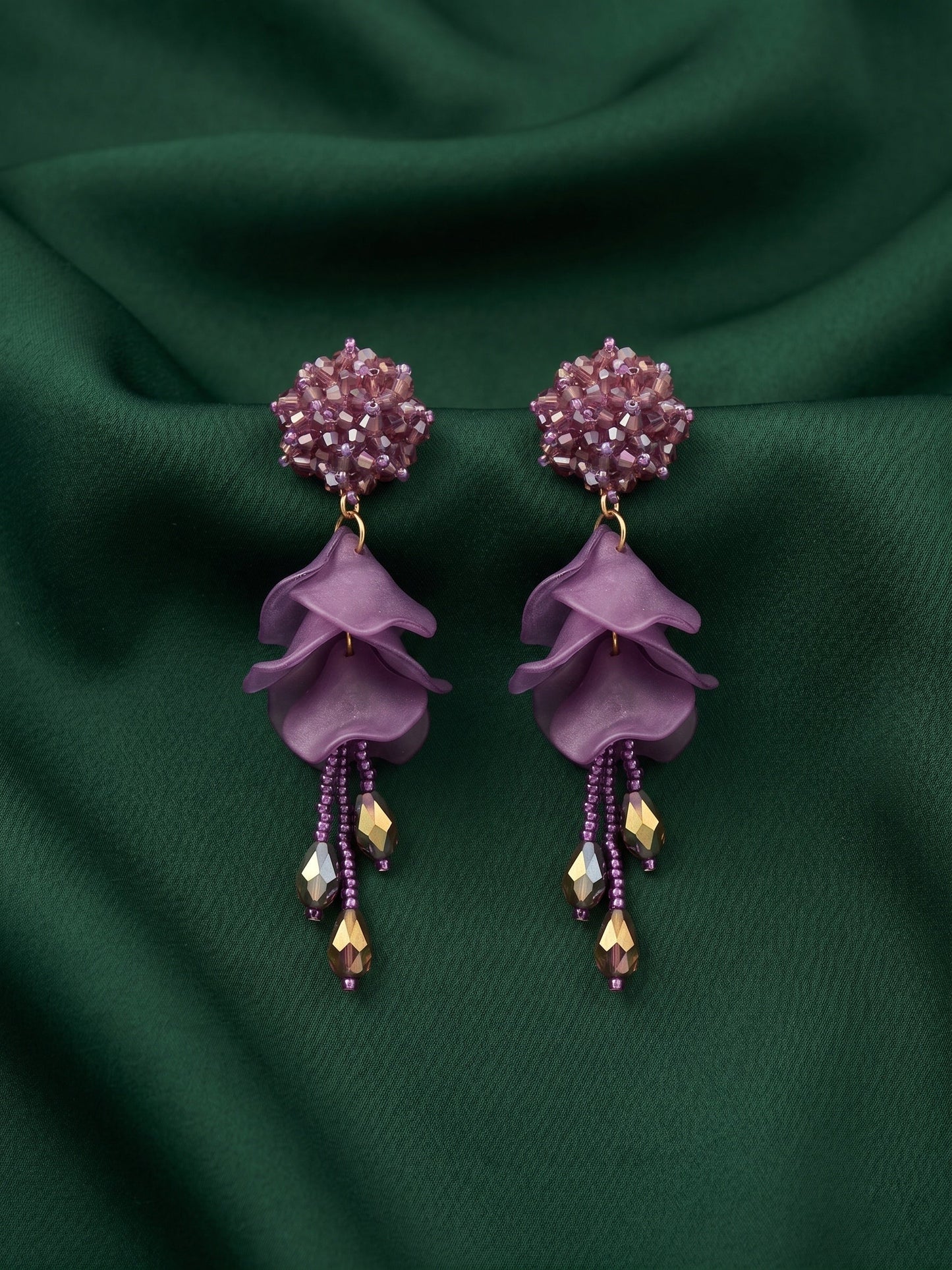 Purple Beaded Statement Drop Earrings with Layered Petal Design for Women