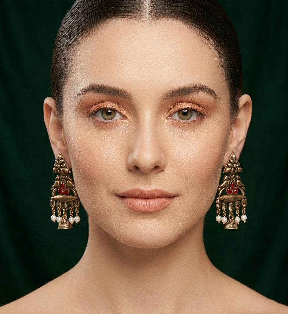 Gold Plated Stylish Fancy Stone Kashmiri Drop Earrings