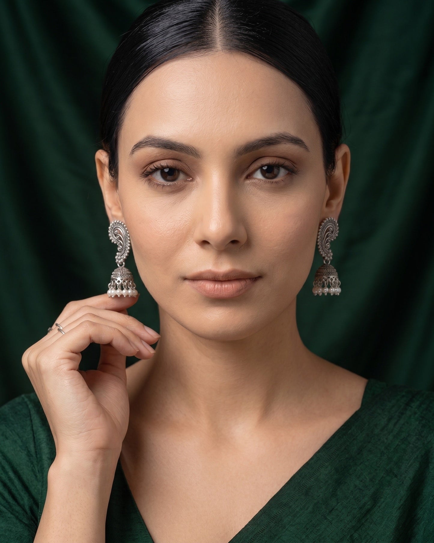 Silver Plated Oxidized With Beaded Traditional Earrings