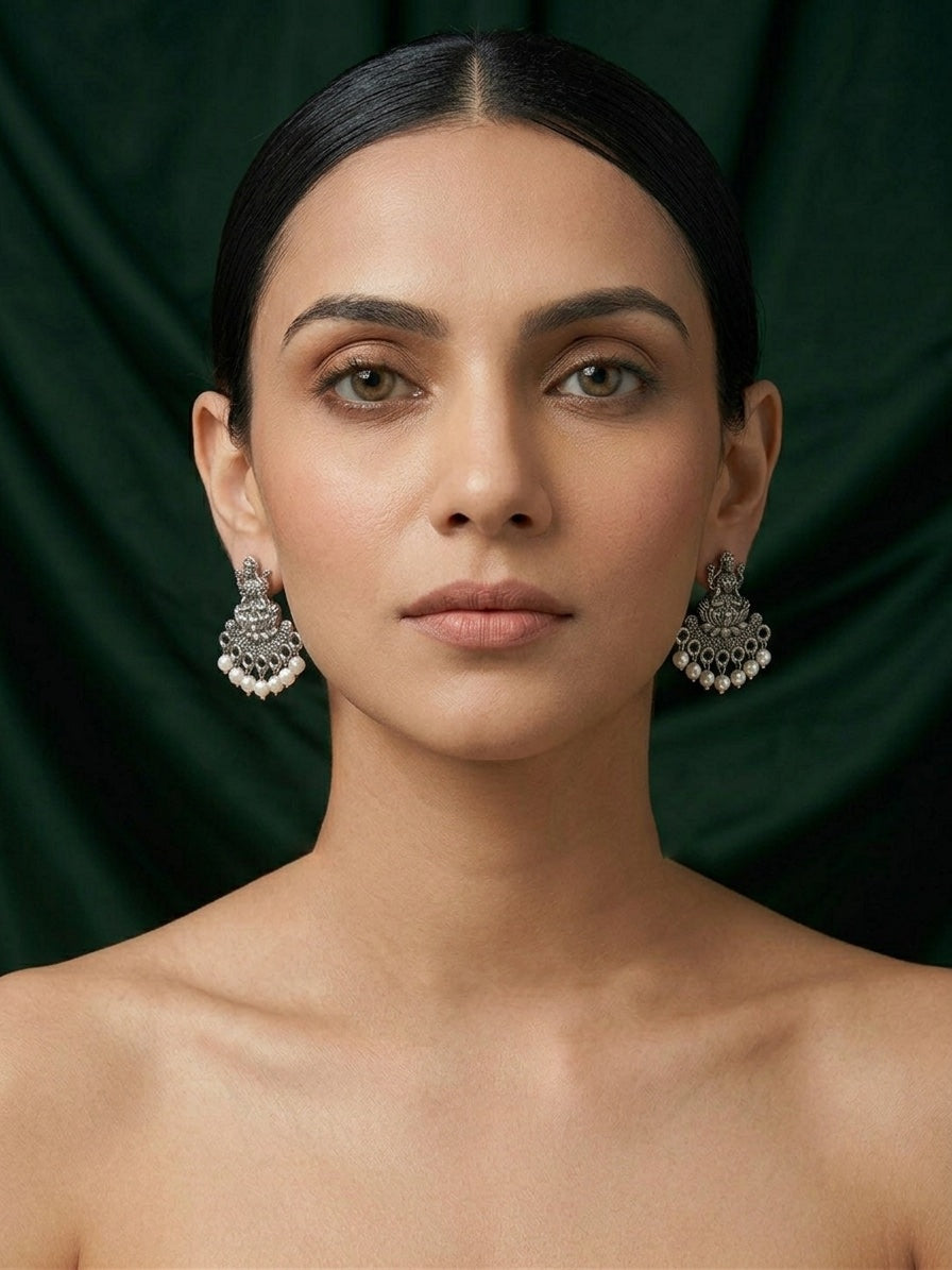 Silver Plated Oxidized With Beaded Traditional Earrings