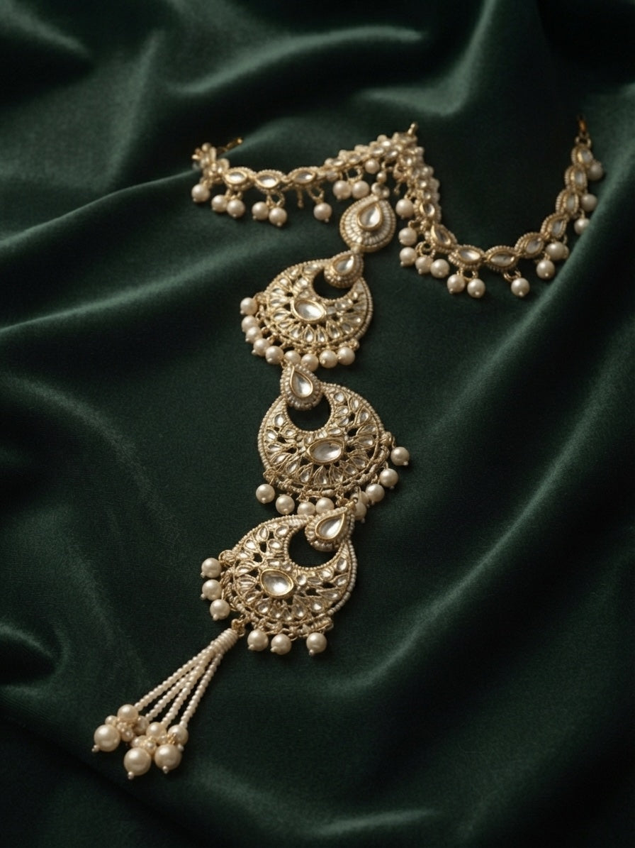 Gold Plated Kundan Studded Pearls Beaded Traditional Hair Accessory