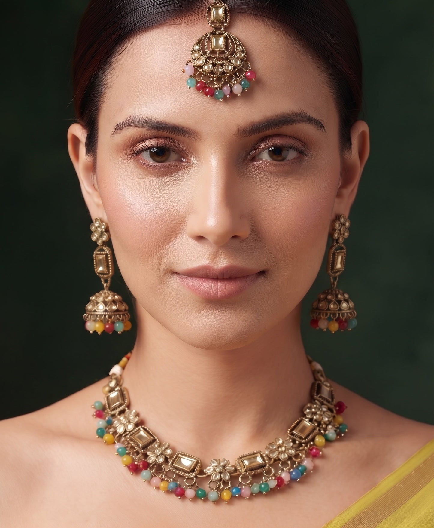 Gold Plated Multicolor Beaded Jewellery Set With Mang Tika