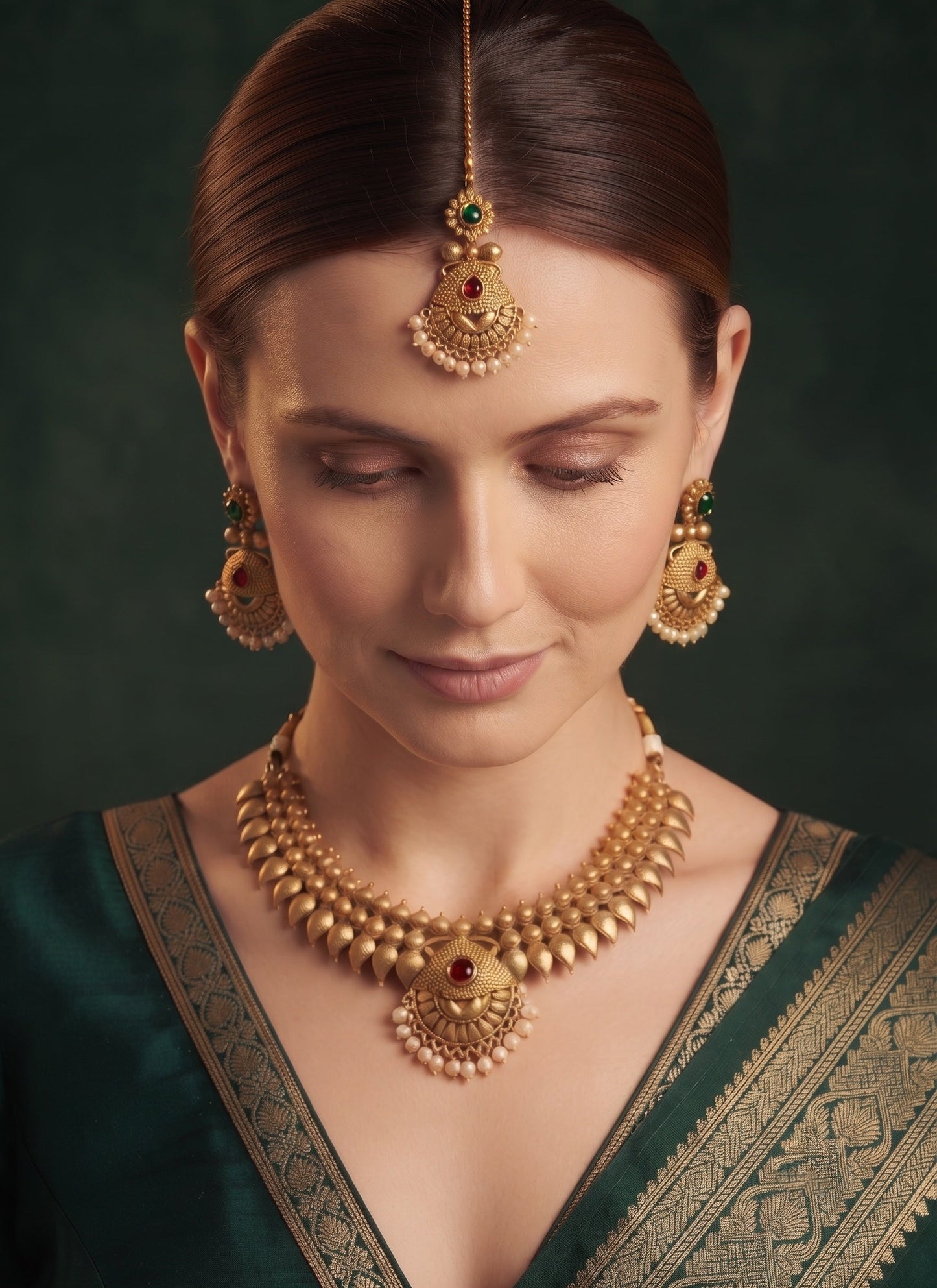 Gold-Toned Traditional Necklace Set with Earrings & Maang Tikka