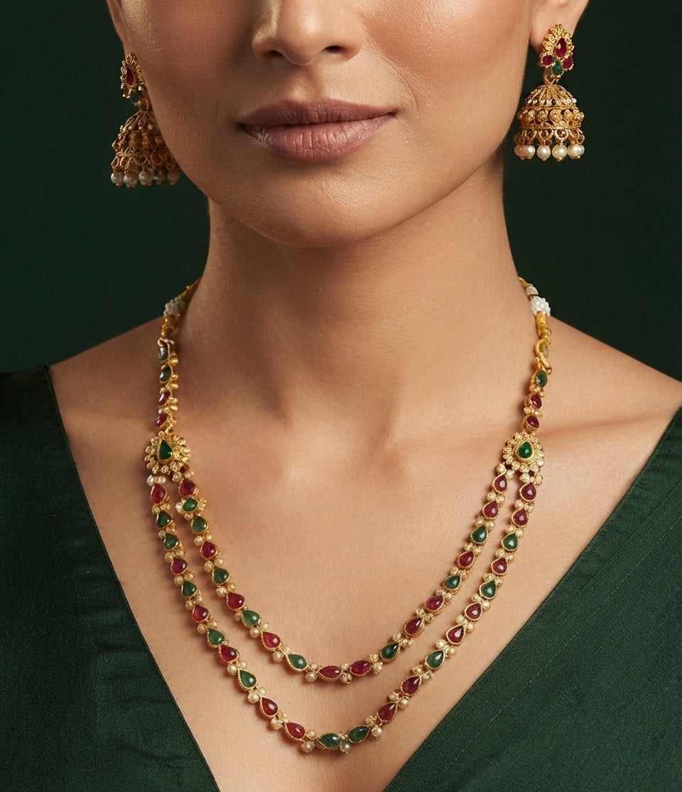 Gold-Toned Multicolor Stone Layered Necklace with Earrings Jewellery Set