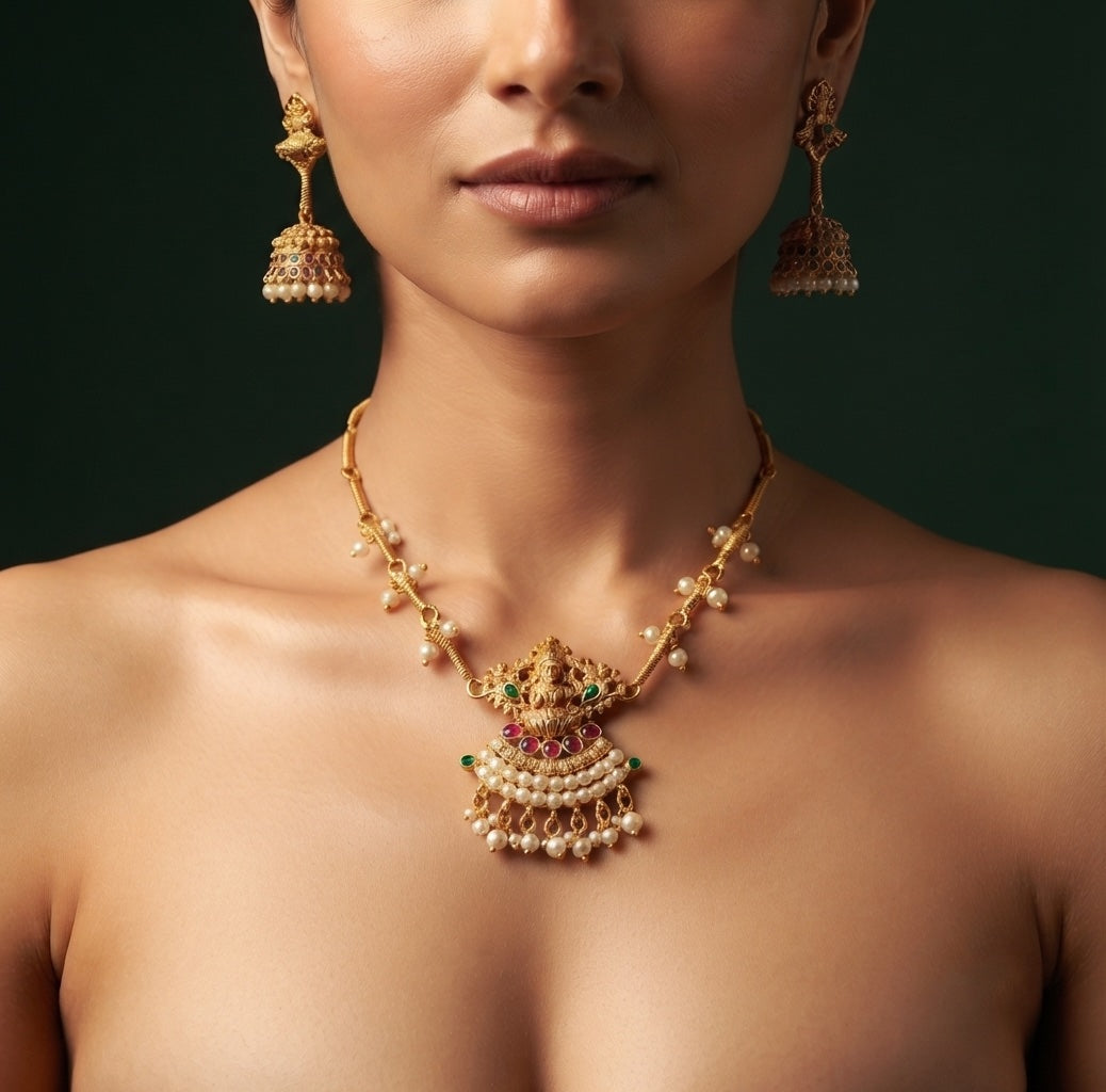 Gold-Toned Traditional Laxmi Mata Temple Jewellery Set