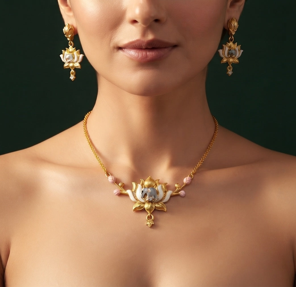 Gold-Toned Lotus Design Necklace with Earrings Jewellery Set