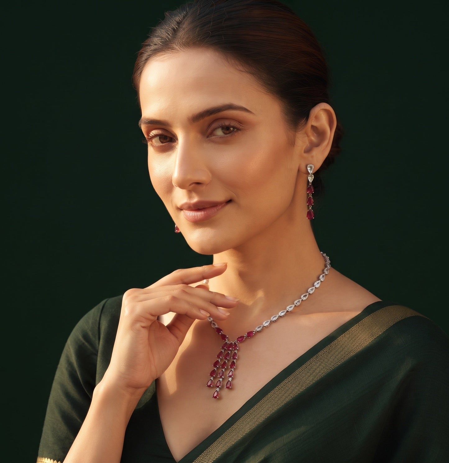Silver Plated American Diamond With Red Ston Jewellery Set