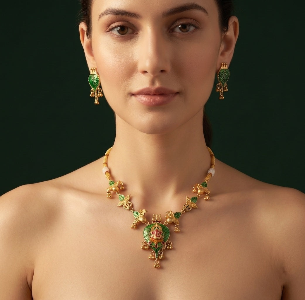 Gold Plated Leaf & Ganesha Traditional Jewellery Set