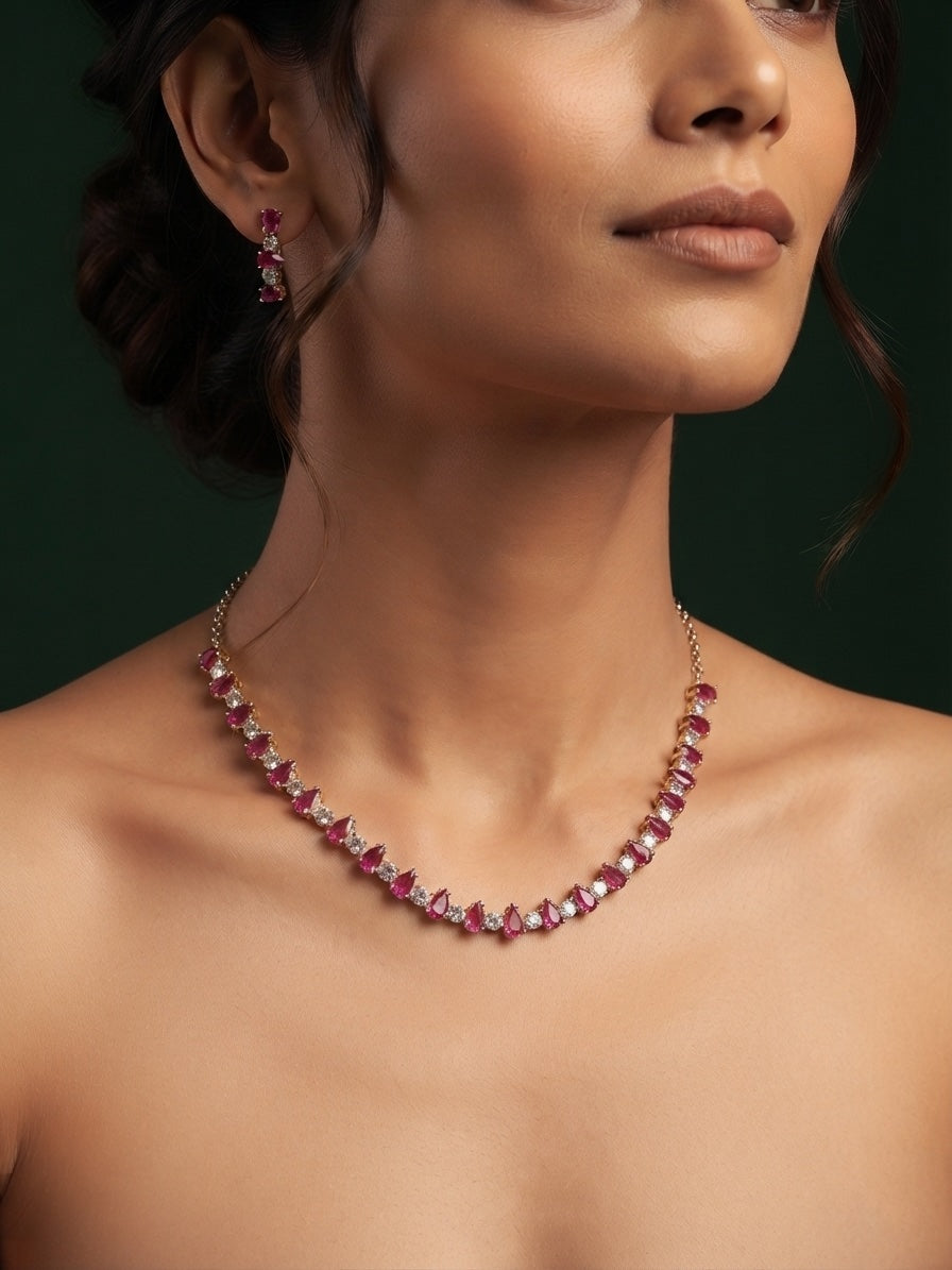 Wine & Silver-Toned American Diamond Necklace and Earrings Set