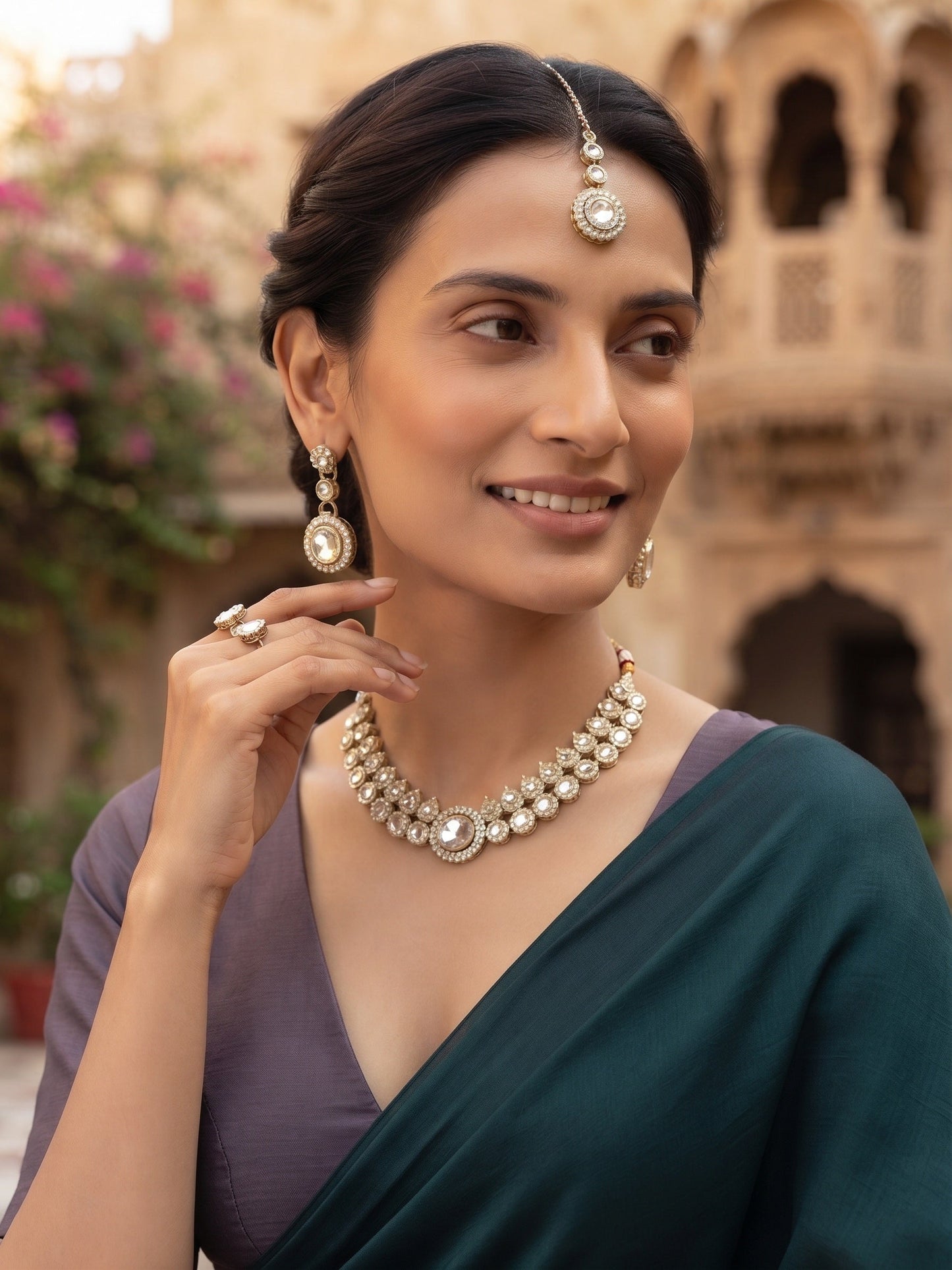 Gold Plated Kundan Beaded Jewellery Set With Mang Tikka