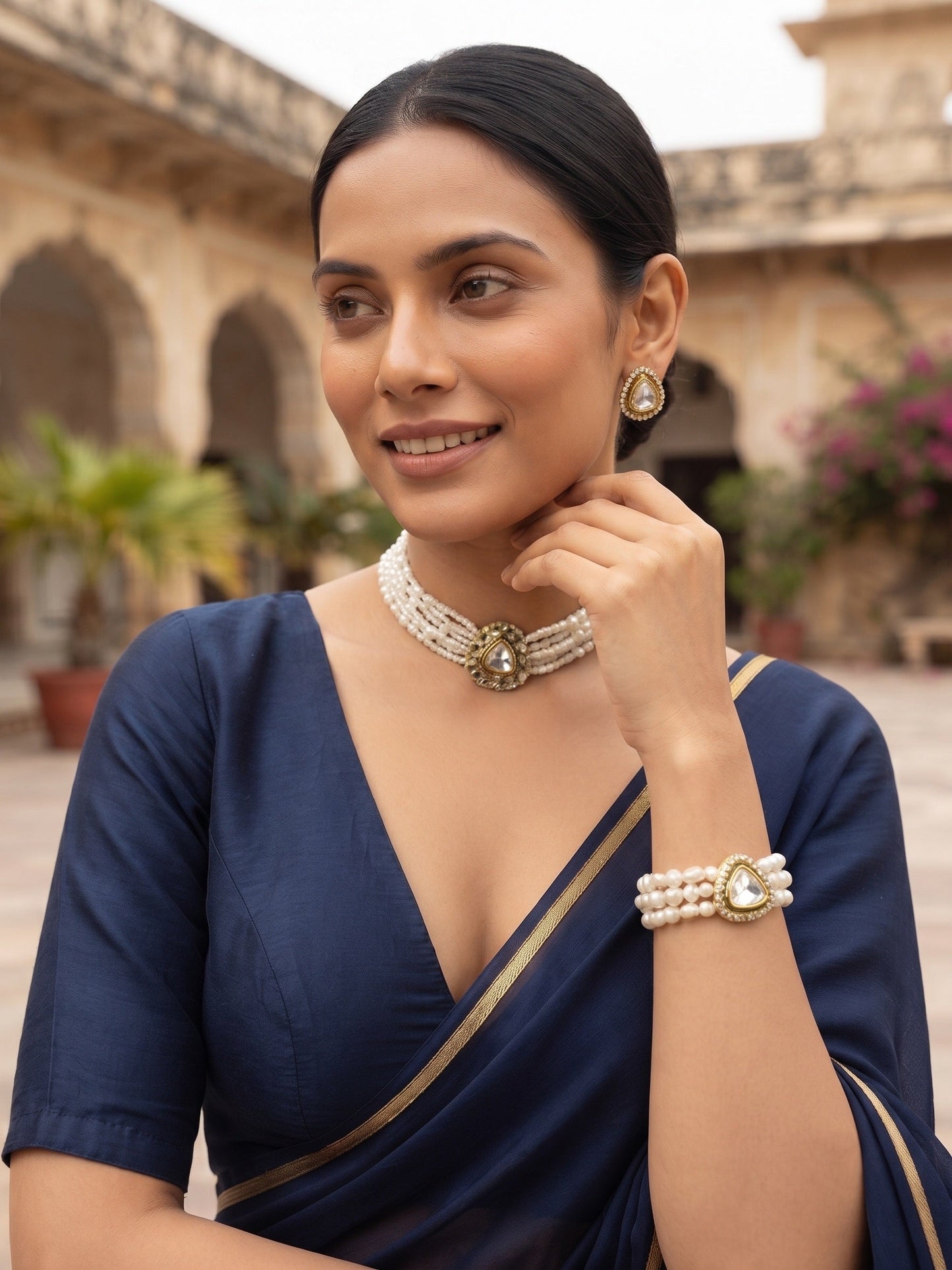 Beautiful White Pearls Statement Jewellery Set with Bracelete