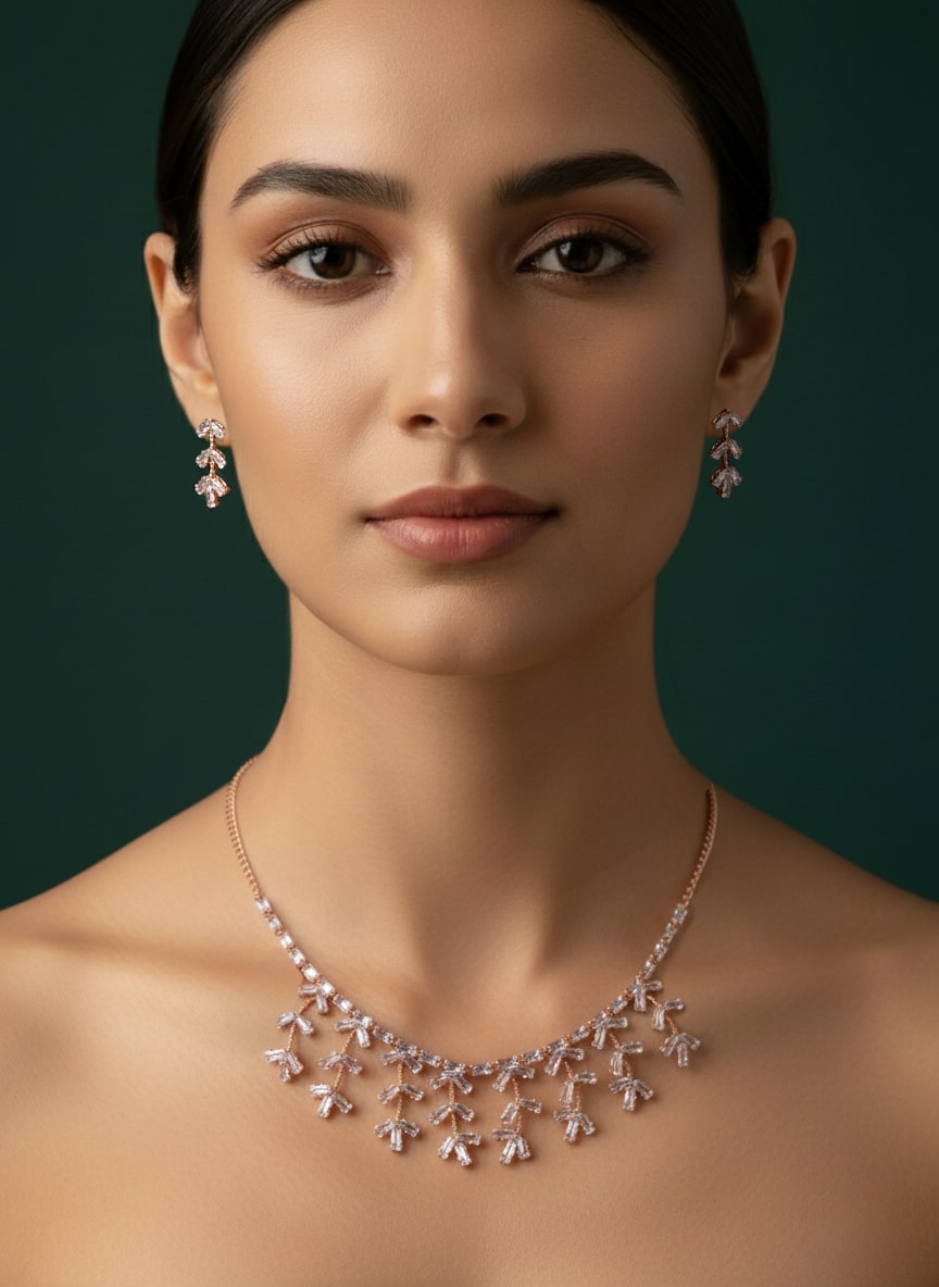 Rose Gold American Diamond Necklace with Earring