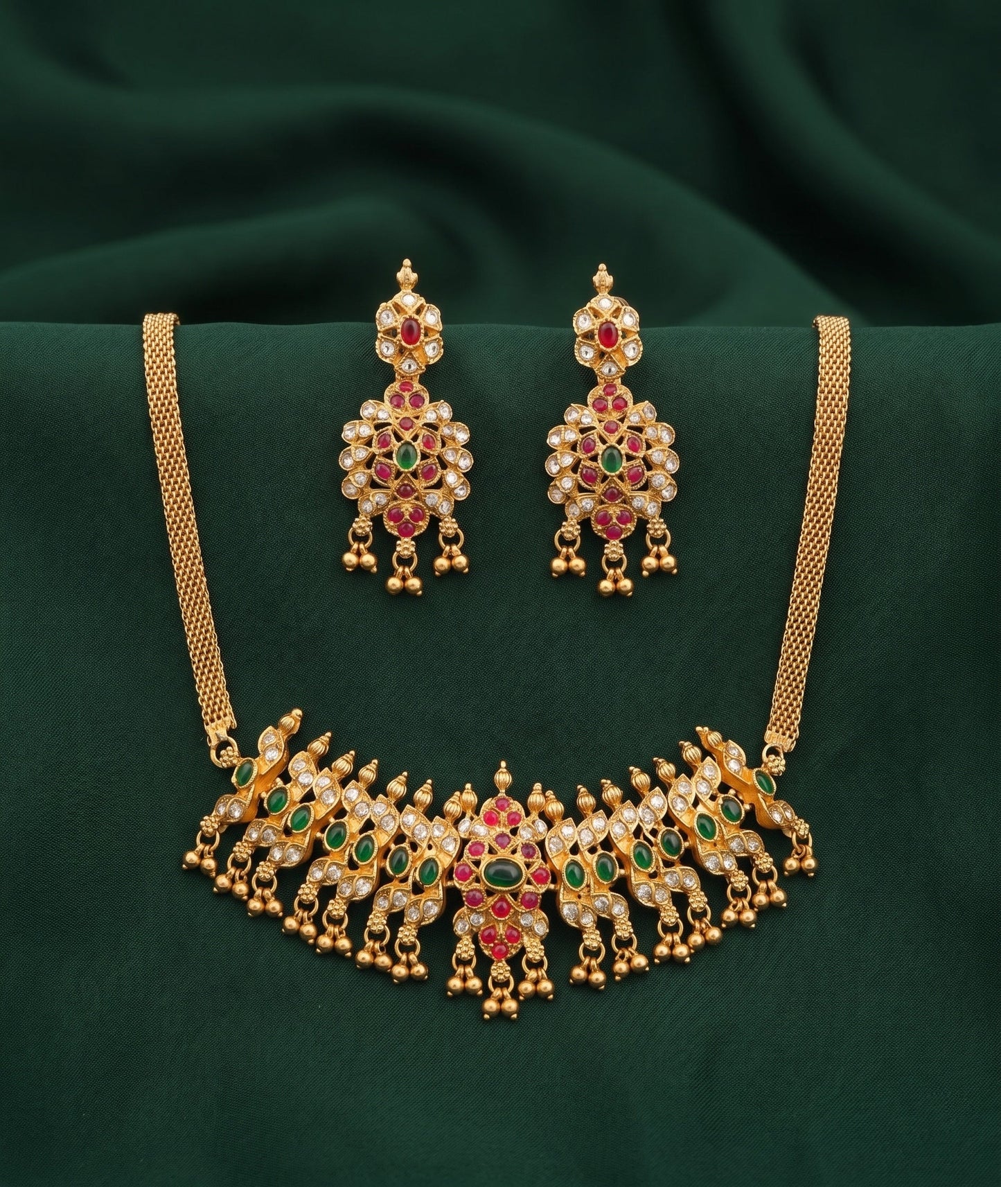 Gold Plated Kundan Beaded Choker Necklace With Earrings