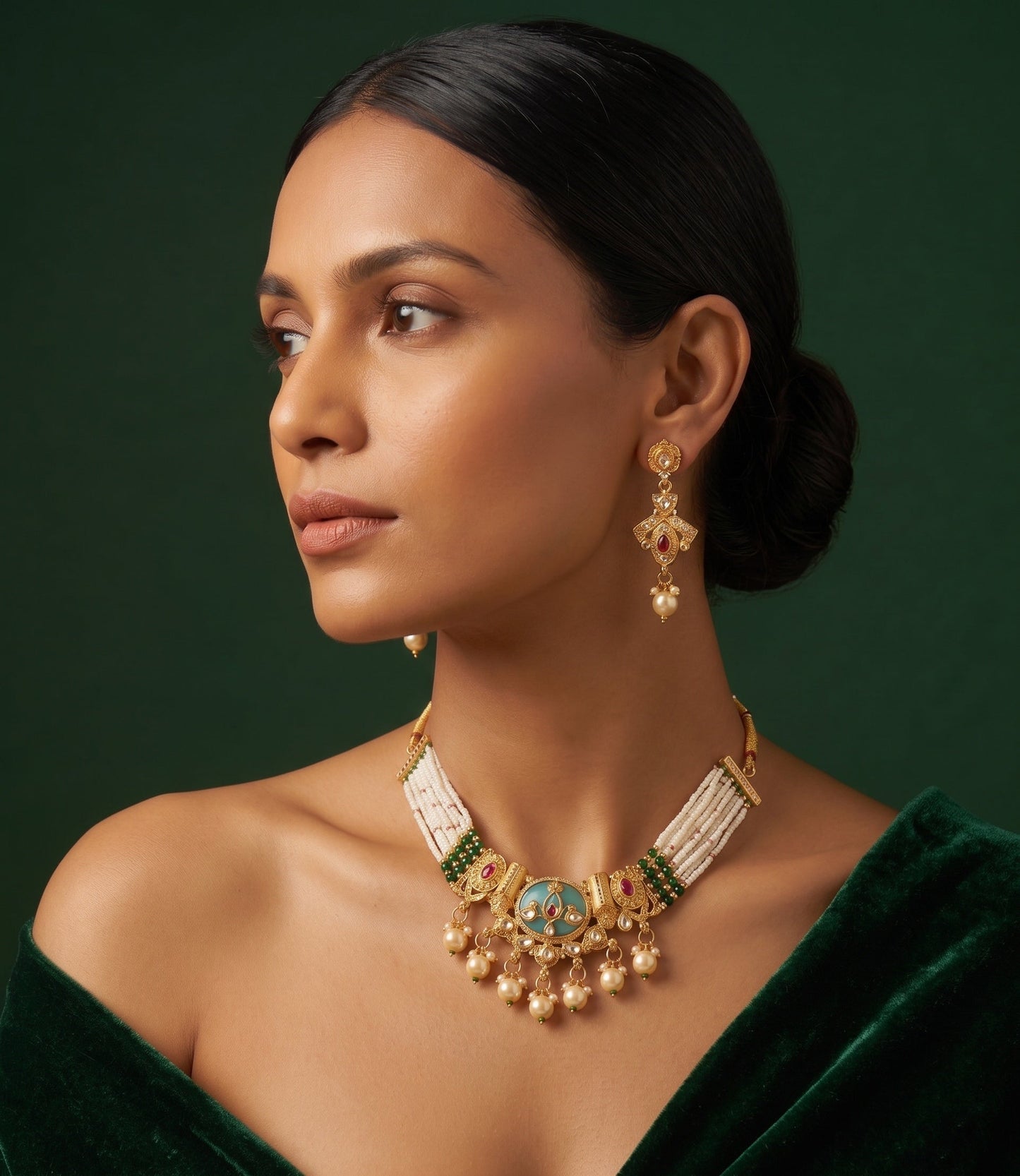 Gold-Toned Pearl Layered Necklace Set with Matching Earrings
