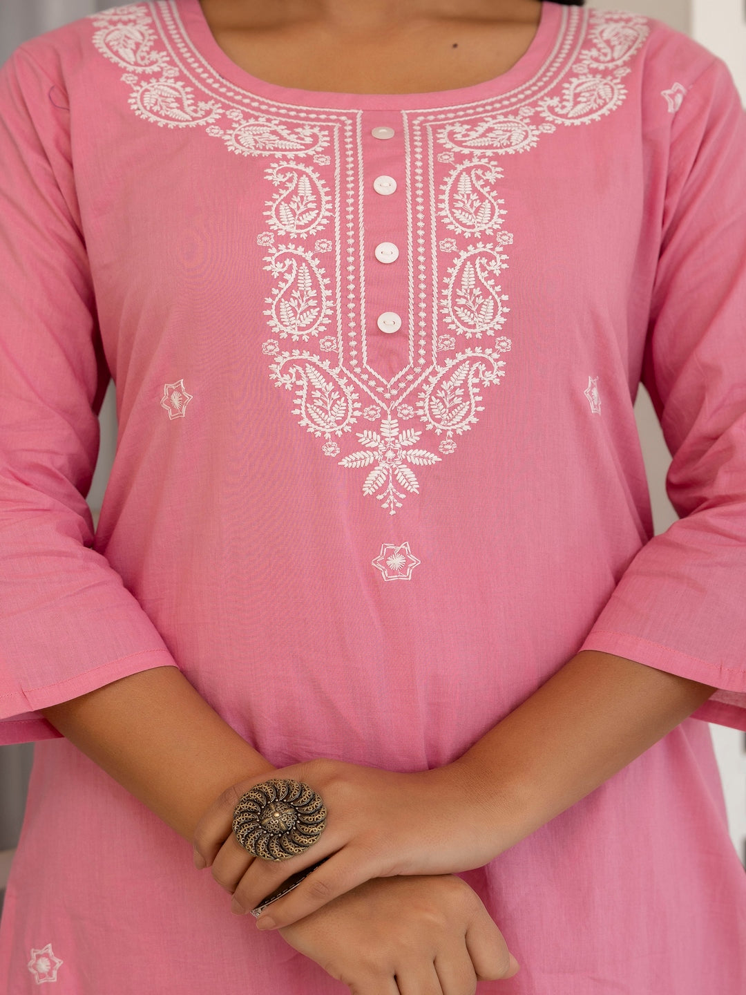 Pink Embroidered Kurti Pant Set With Square Neck