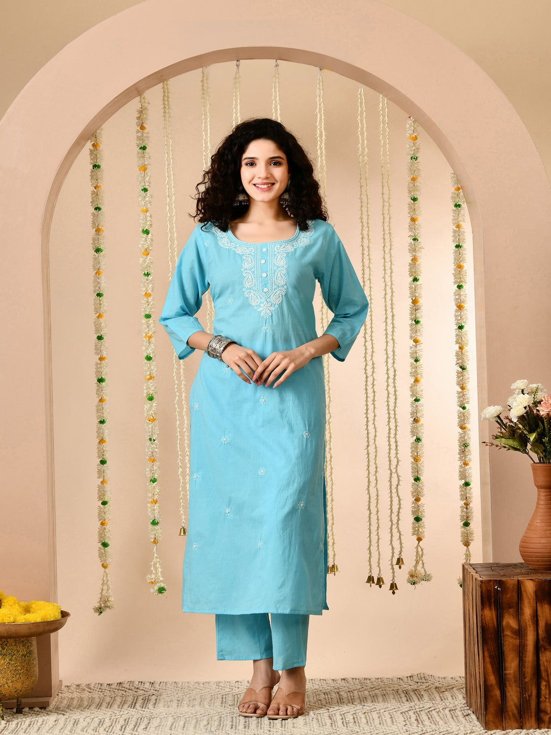 Sky Blue Embroidered Kurti Pant Set With Square Neck