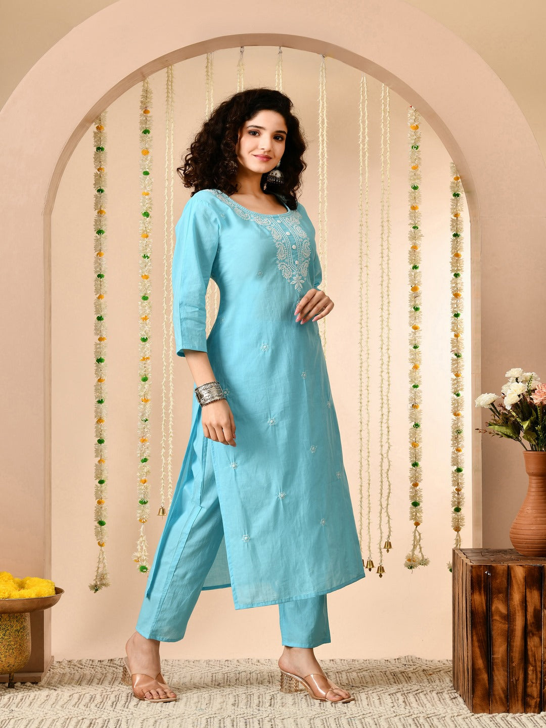 Sky Blue Embroidered Kurti Pant Set With Square Neck