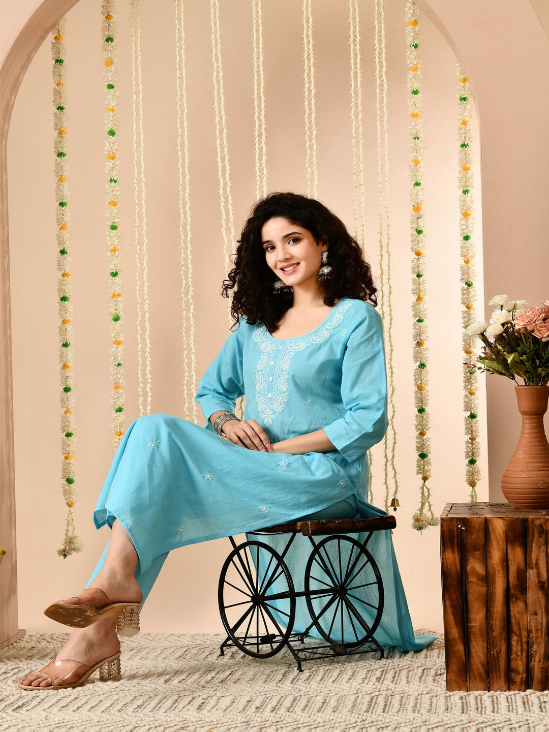 Sky Blue Embroidered Kurti Pant Set With Square Neck