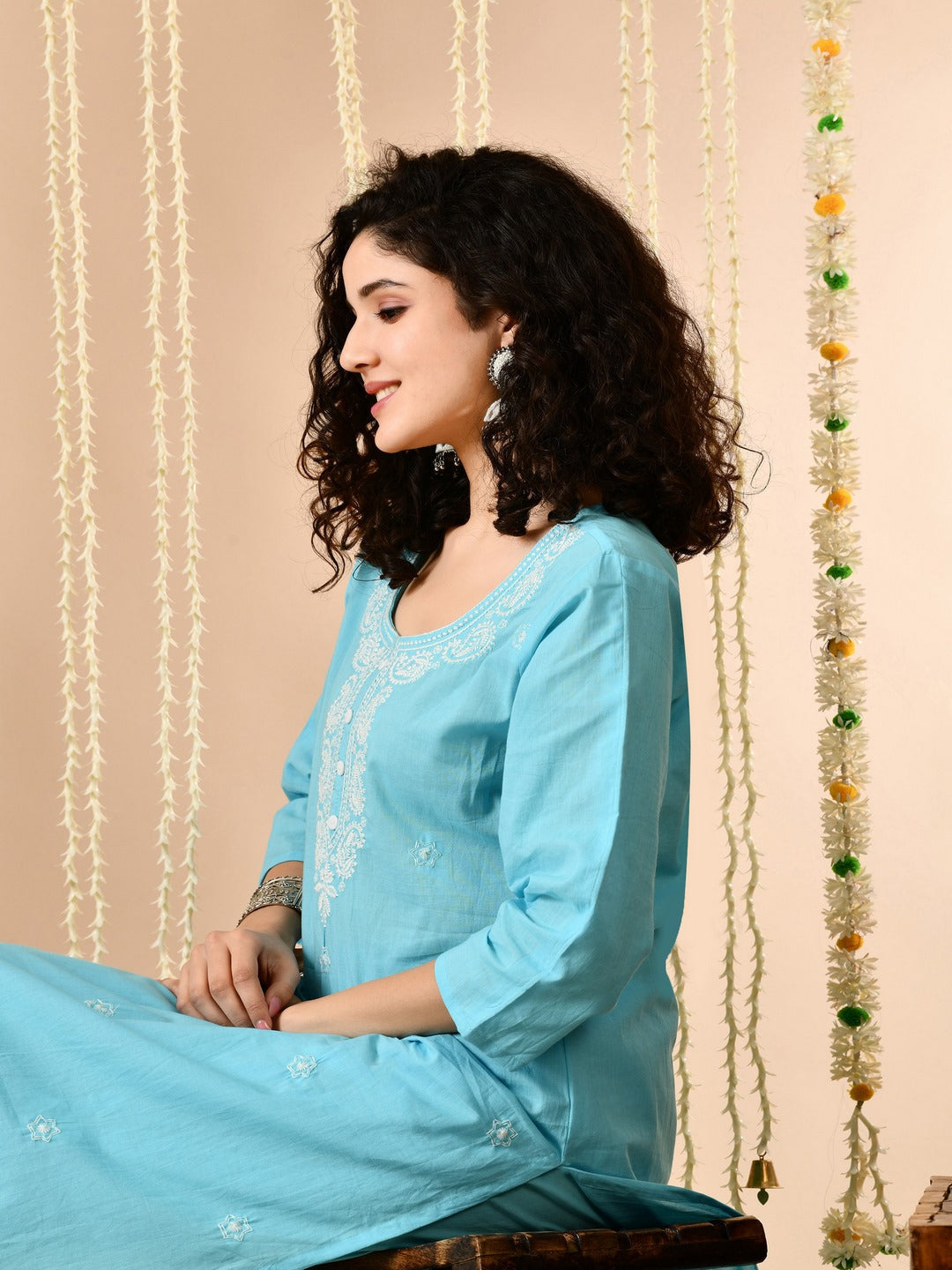 Sky Blue Embroidered Kurti Pant Set With Square Neck