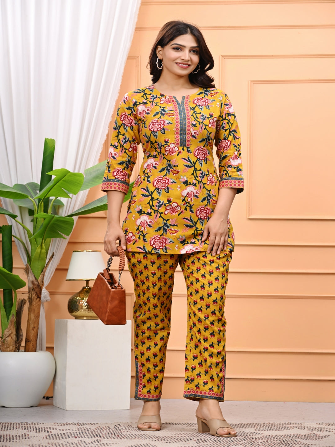 Yellow Floral Printed Straight Kurta With Tapered Pants Set