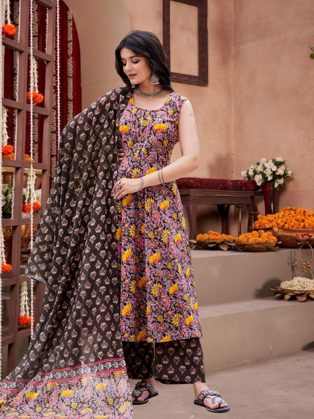 Floral Printed Sleeveless Anarkali Kurta Set With Dupatta