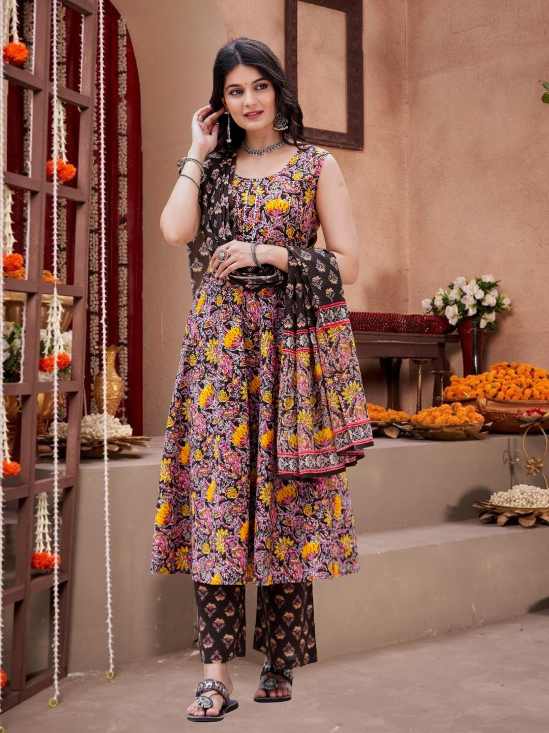 Floral Printed Sleeveless Anarkali Kurta Set With Dupatta