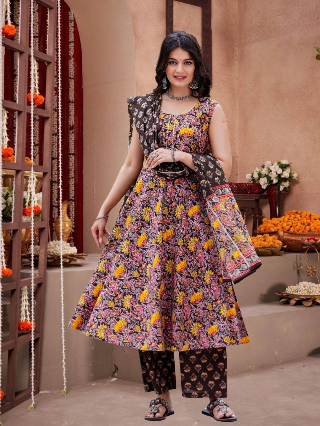 Floral Printed Sleeveless Anarkali Kurta Set With Dupatta