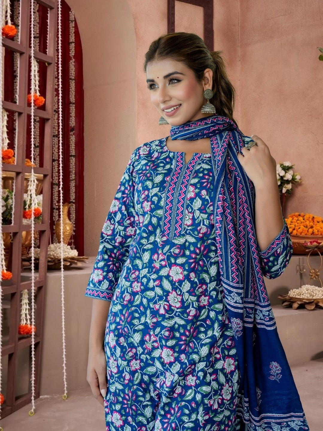 Navy Blue Floral Cotton Kurta Set With Printed Dupatta.
