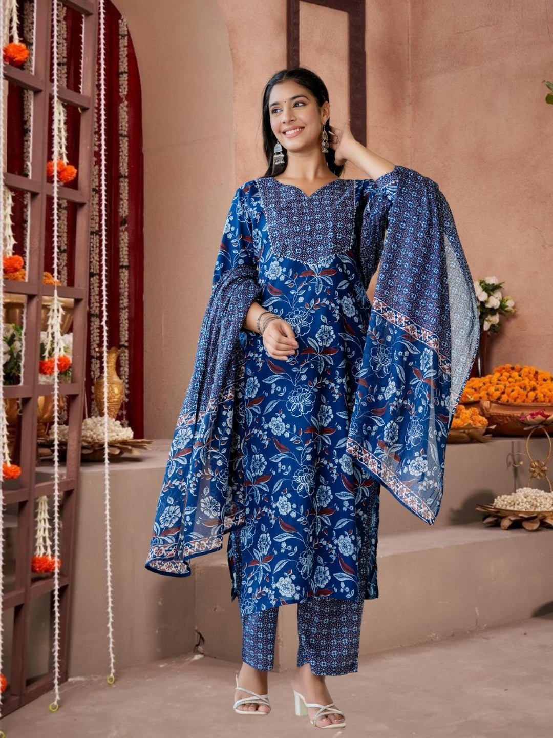 Blue Floral Printed Cotton Kurta Set With Geometric Yoke & Dupatta.