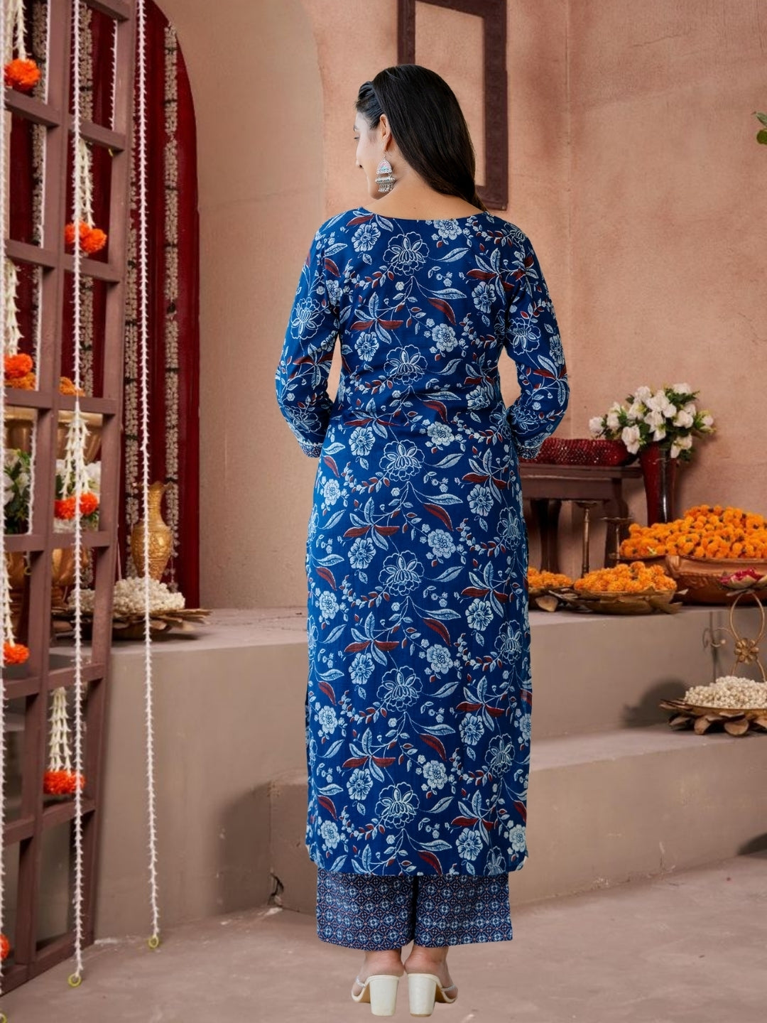 Blue Floral Printed Cotton Kurta Set With Geometric Yoke & Dupatta.