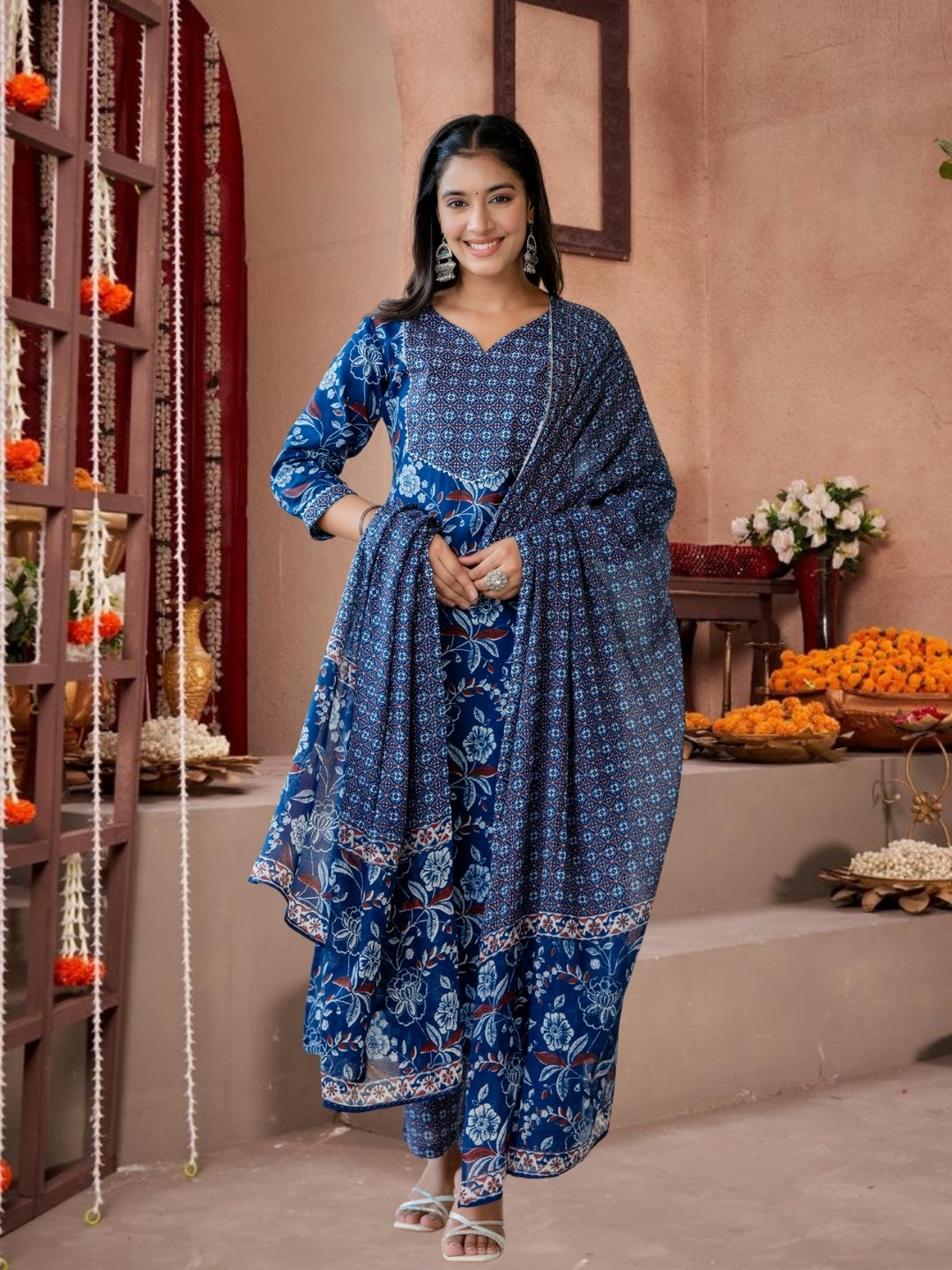 Blue Floral Printed Cotton Kurta Set With Geometric Yoke & Dupatta.