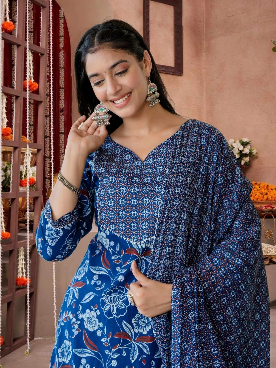 Blue Floral Printed Cotton Kurta Set With Geometric Yoke & Dupatta.
