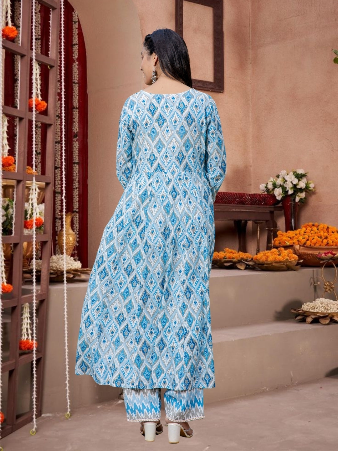 Blue Ikat Print Flared Anarkali Kurta Set With Dupatta.