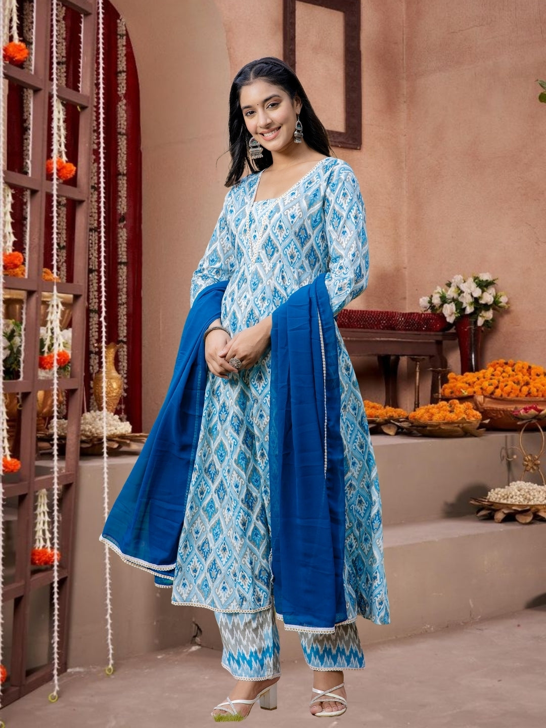 Blue Ikat Print Flared Anarkali Kurta Set With Dupatta.