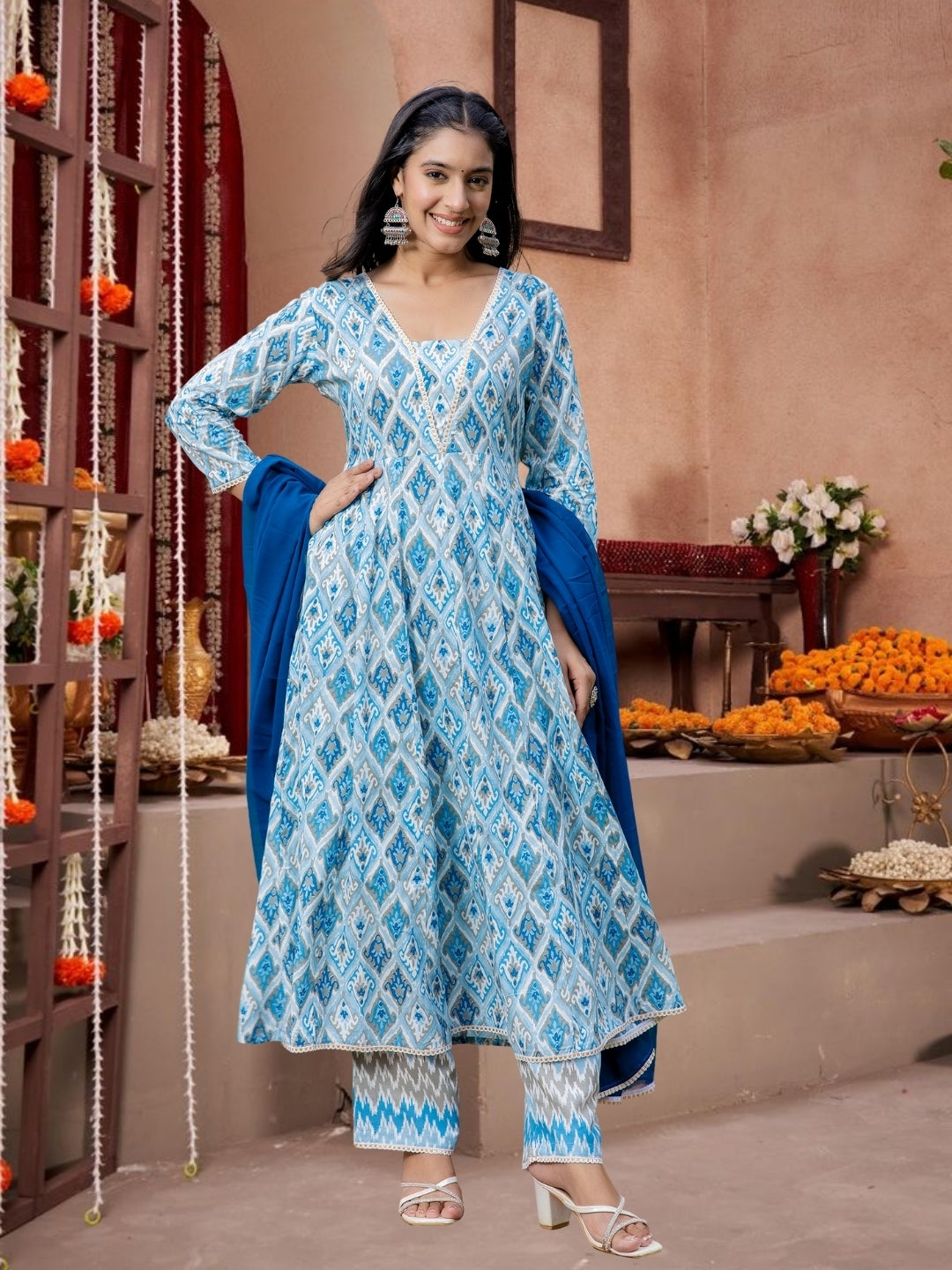 Blue Ikat Print Flared Anarkali Kurta Set With Dupatta.