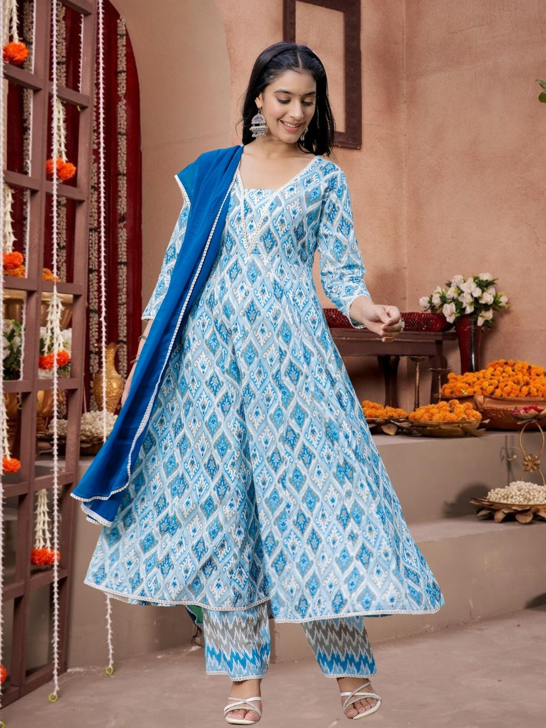Blue Ikat Print Flared Anarkali Kurta Set With Dupatta.