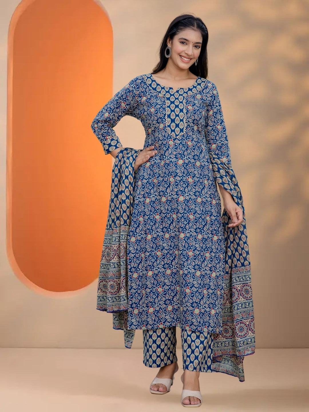 Navy Blue Floral & Geometric Block Print Cotton Kurta Set With Printed Dupatta.