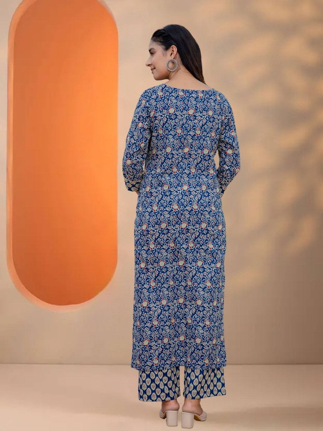 Navy Blue Floral & Geometric Block Print Cotton Kurta Set With Printed Dupatta.