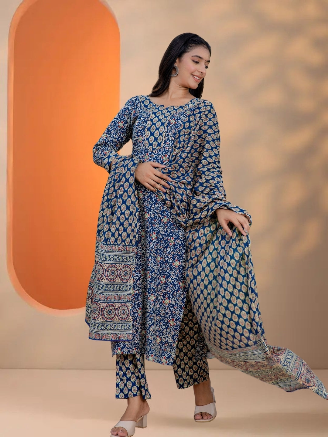 Navy Blue Floral & Geometric Block Print Cotton Kurta Set With Printed Dupatta.