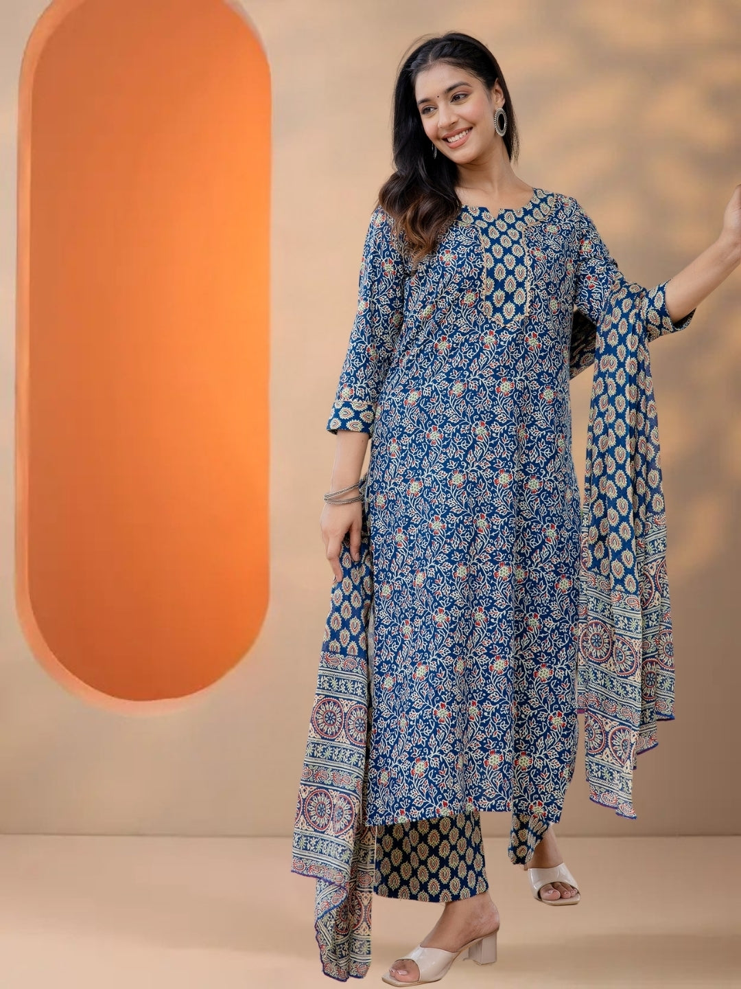 Navy Blue Floral & Geometric Block Print Cotton Kurta Set With Printed Dupatta.