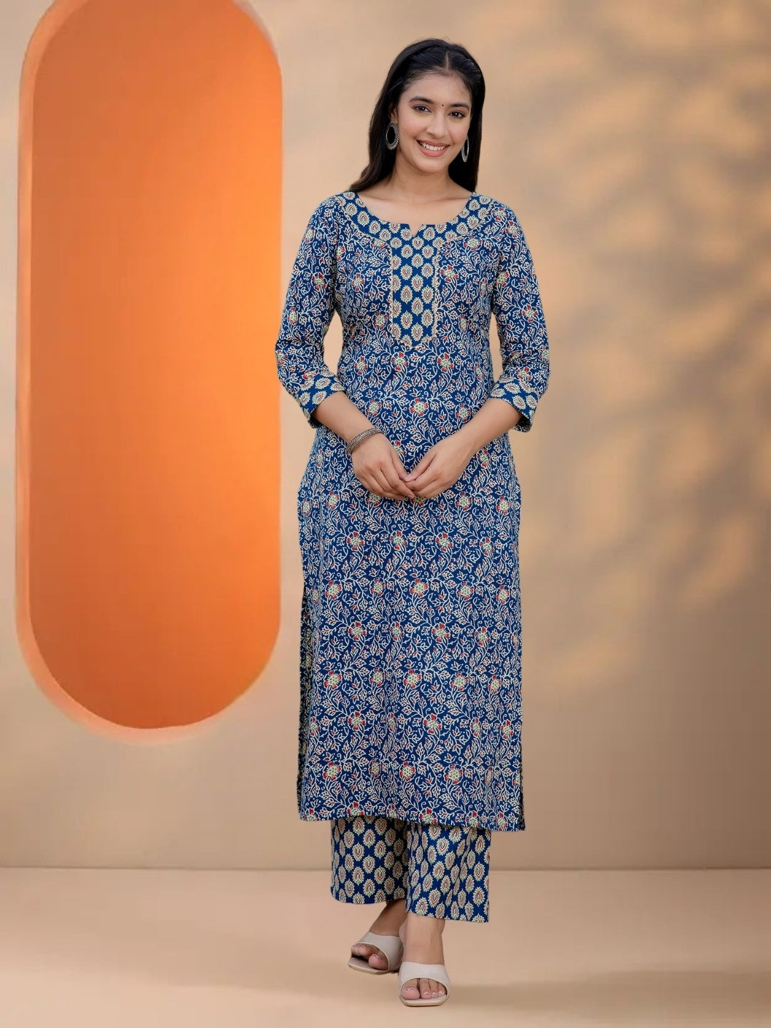 Navy Blue Floral & Geometric Block Print Cotton Kurta Set With Printed Dupatta.