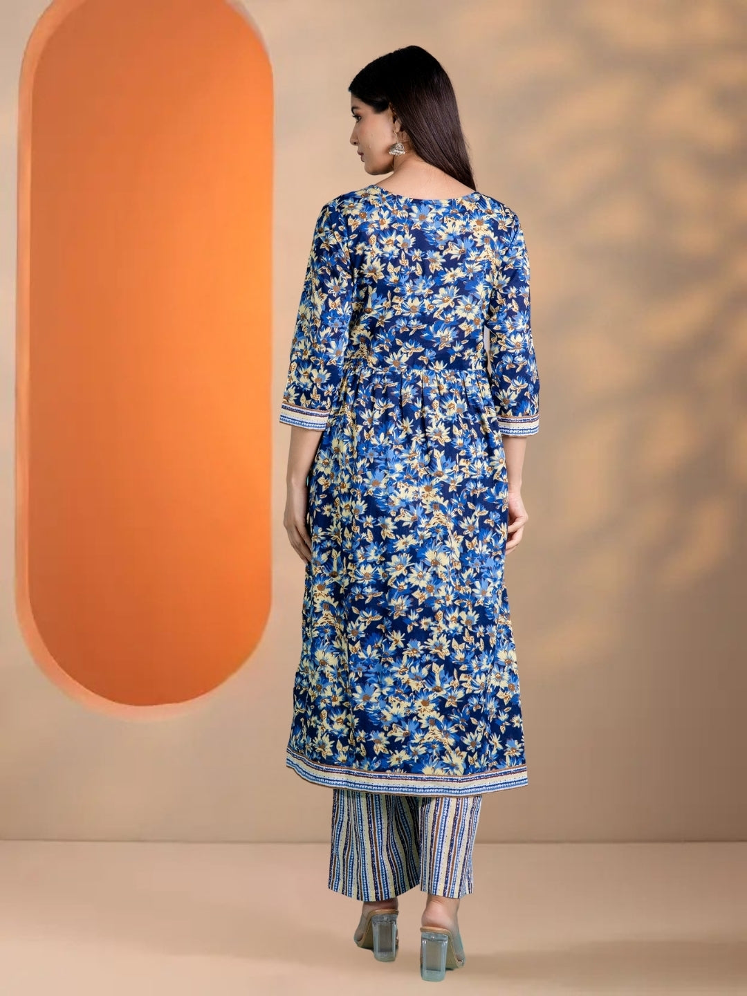 Blue Floral Printed Kurta Set With Striped Dupatta & Palazzos