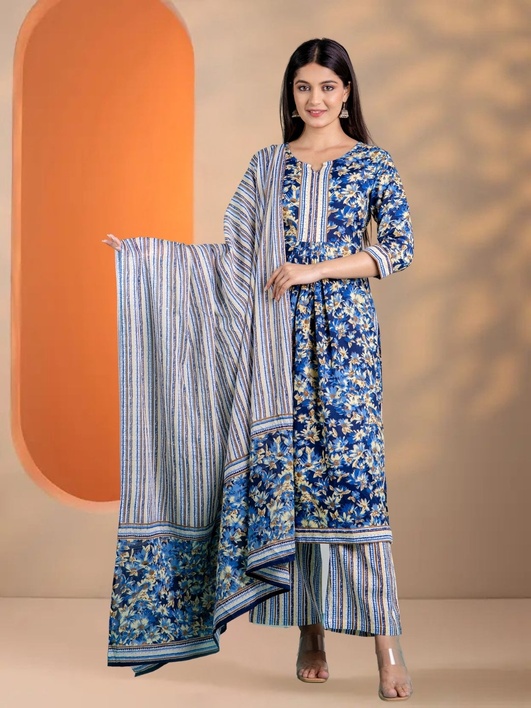 Blue Floral Printed Kurta Set With Striped Dupatta & Palazzos