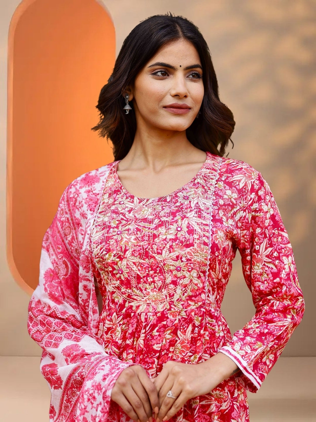 Pink Floral Printed Straight Kurta Set With Dupatta.