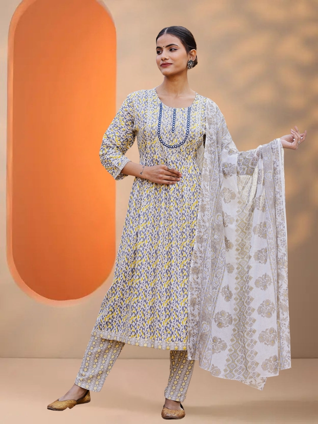 Grey & Mustard Abstract Printed Kurta Set With Dupatta