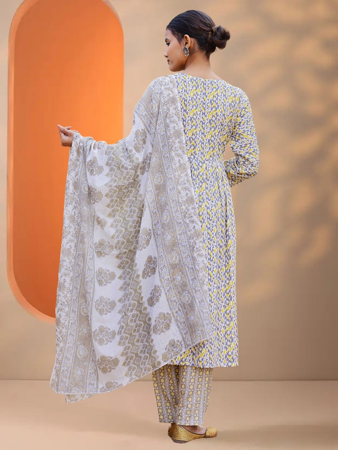 Grey & Mustard Abstract Printed Kurta Set With Dupatta