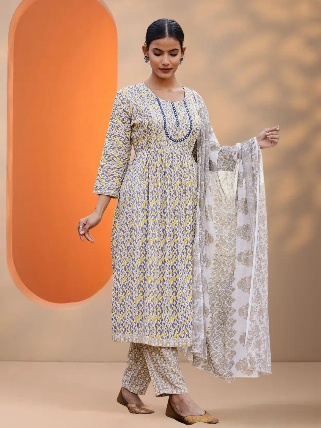 Grey & Mustard Abstract Printed Kurta Set With Dupatta